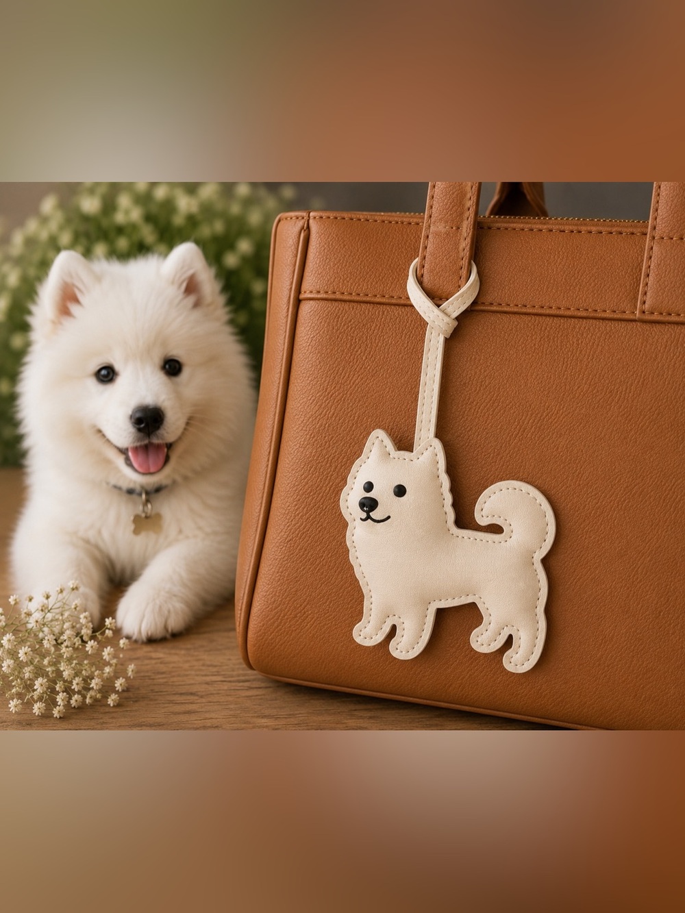 White Dog Faux Leather Bag Charm Purse Accessory Keychain